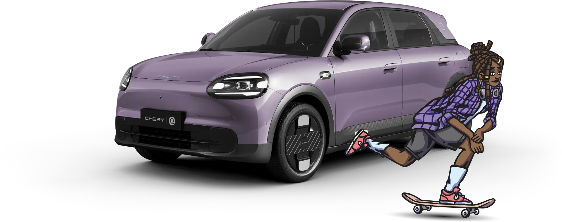 Lavender Chery Q with a skateboarder in the foreground